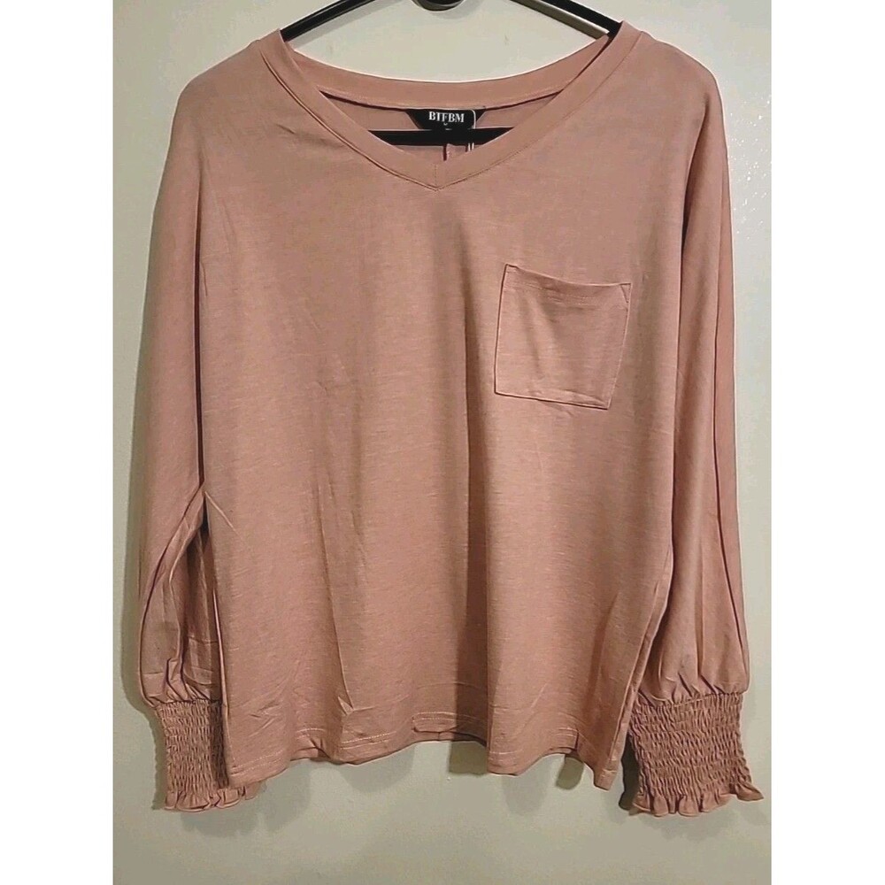 Long Sleeve Blouse Tee With Pocket And Gathered Cuffs, Size Medium